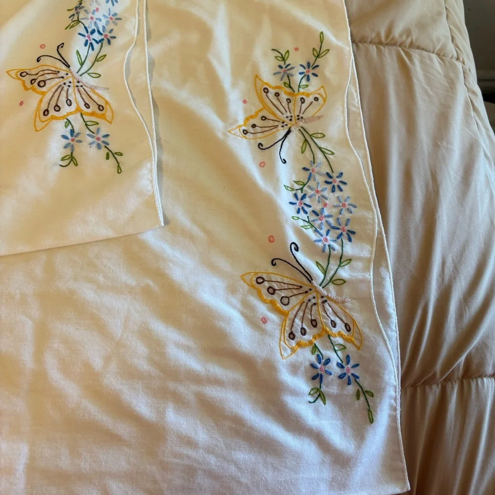Vintage White and Blue Hand Embroidered Pillowcases Butterflies Set of 2